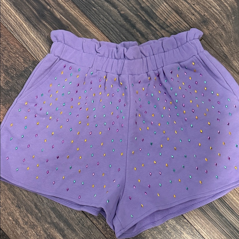 QUEEN OF SPARKLES Lavender Shorts with Multicolor small new!!!